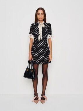 Reformation Black and Cream Polka Dot Tie-Neck Mini Dress